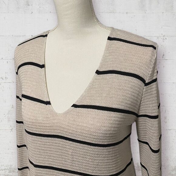 OLD NAVY | Thin Striped Beige Black Long Sleeve V Neck Tunic Sweater Size S M - Picture 2 of 9